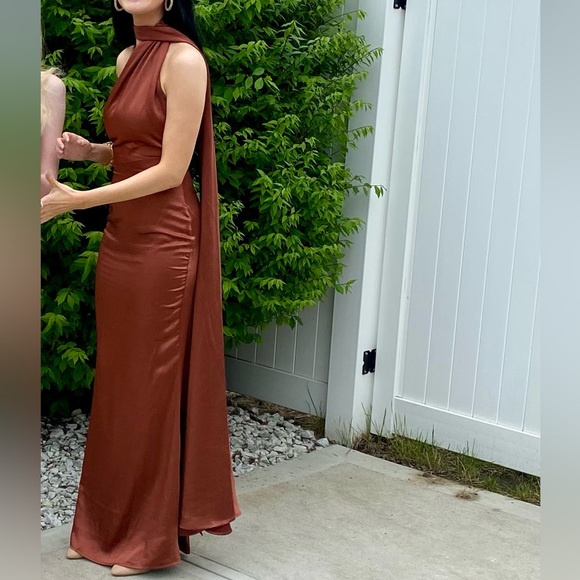 Club L London Dresses & Skirts - Club L London/MADEMOISELLE 
RUST BACKLESS SATIN ASYMMETRIC SCARF NECK MAXI DRESS